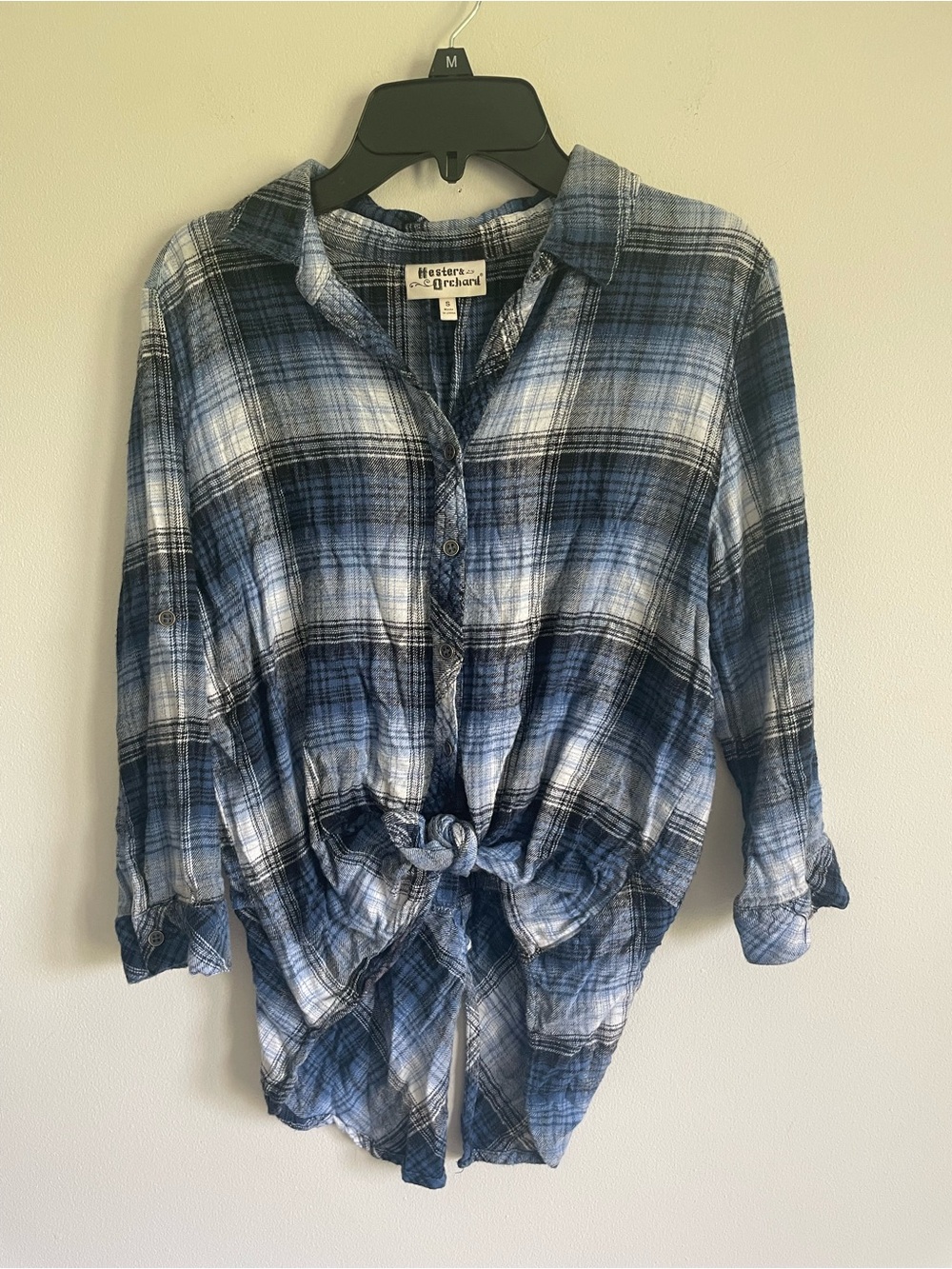 Hester & Orchard Blue White Plaid Button Up Shirt Roll Tab Long Sleeve Shirt Top - Picture 2 of 7